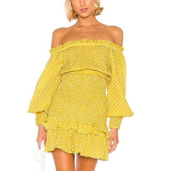 *Alexis Marilena Smocked Polka Dot Off-The-Shoulder Mini Dress in yellow